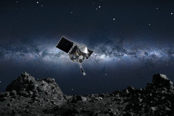 Artistic depiction of OSIRIS-REx gathering samples from asteroid Bennu